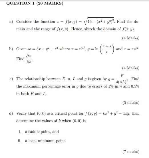 Solved Question 1 Marks A Consider The Function Z Chegg Com