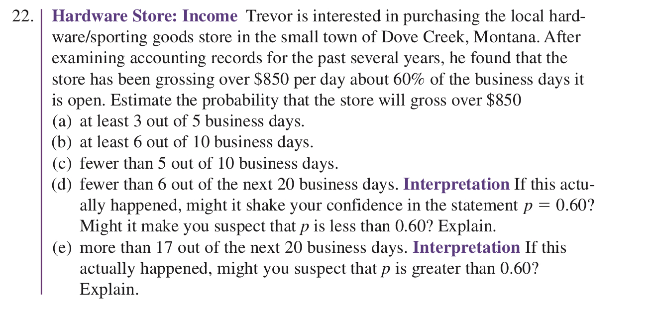 Solved 22. Hardware Store: Income Trevor is interested in | Chegg.com