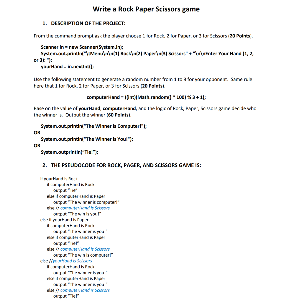 Solved Write a Rock Paper Scissors game 1. DESCRIPTION OF | Chegg.com