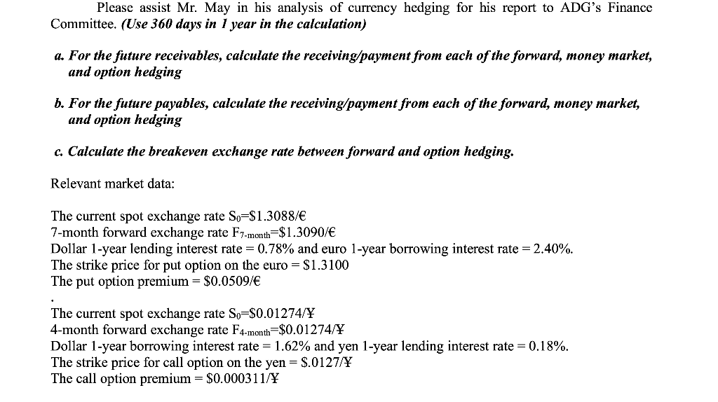 Please assist Mr. May in his analysis of currency hedging for his report to ADGs Finance Committee. (Use 360 days in 1 year