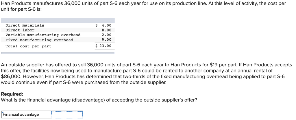 Solved Han Products manufactures 36,000 units of part S-6 | Chegg.com