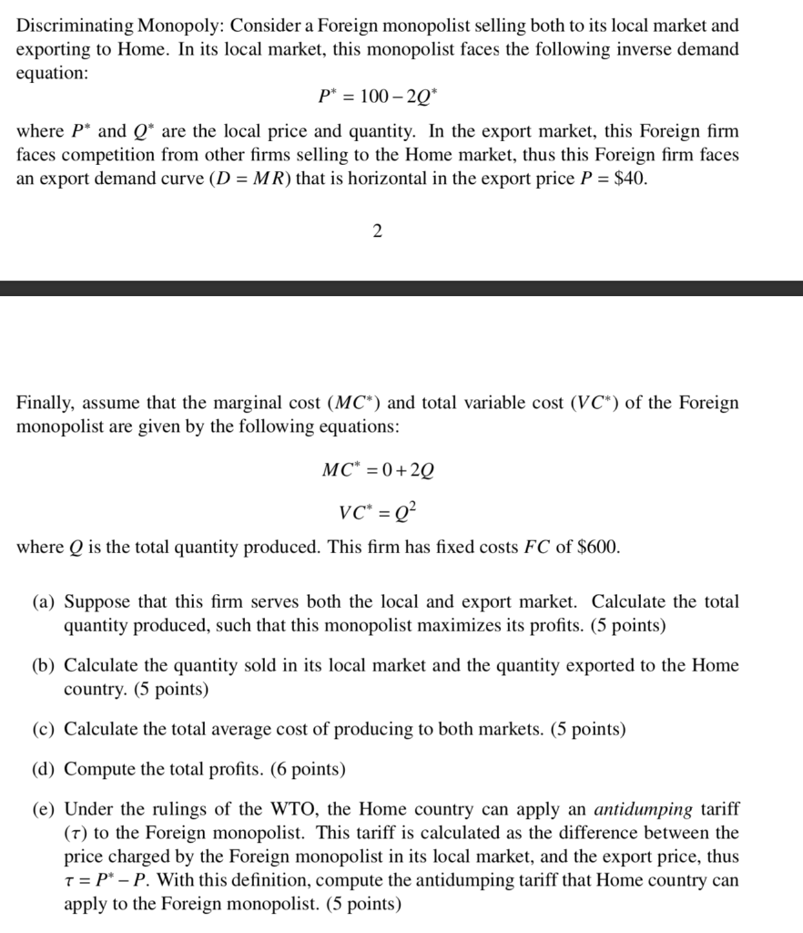 Solved Discriminating Monopoly: Consider A Foreign | Chegg.com
