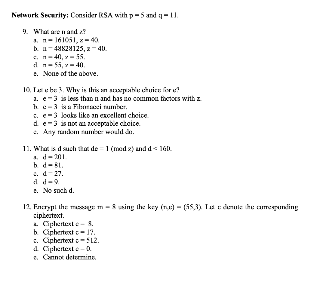 Solved Network Security Consider Rsa P 5 Q 11 9 N Z N Z 40 B N 4125 Z 40 C N 40 Z 55 Q