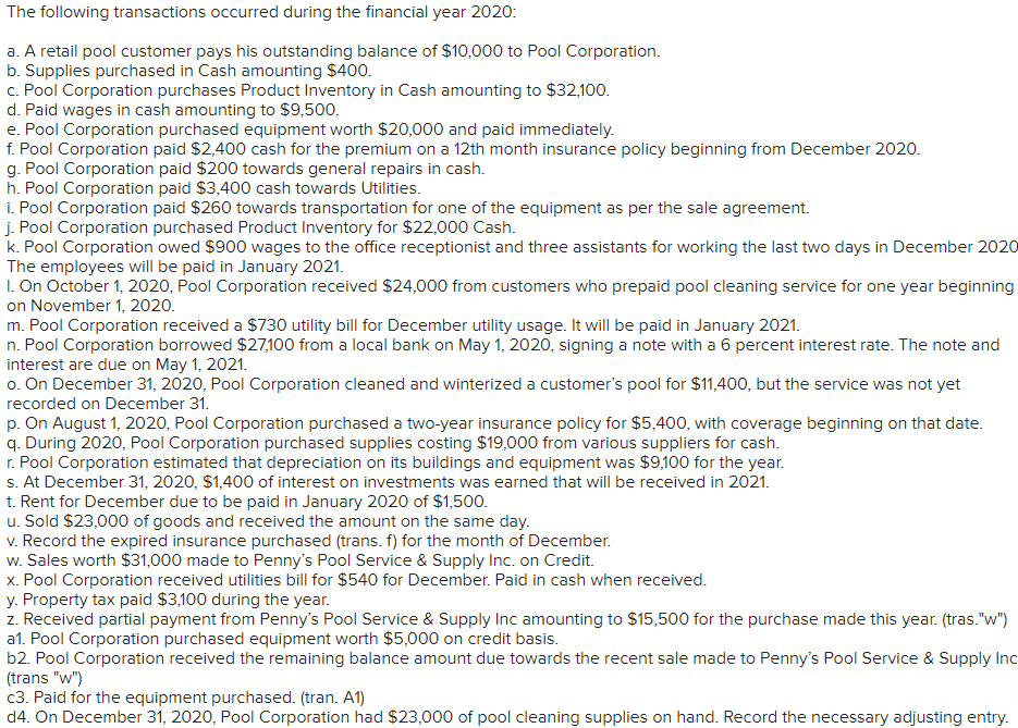 Solved The Following Transactions Occurred During The | Chegg.com