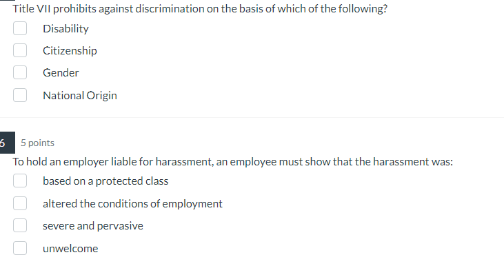 Solved Title VII Prohibits Against Discrimination On The | Chegg.com