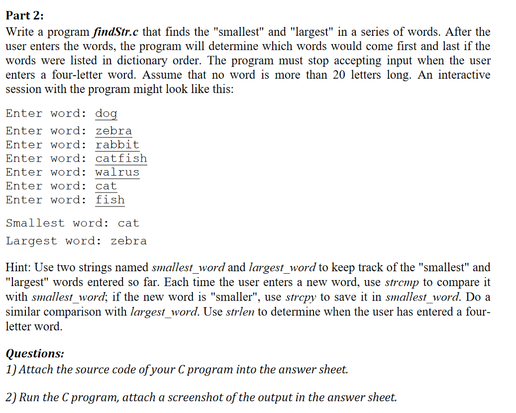 Solved Part 2: Write a program findStr.c that finds the | Chegg.com