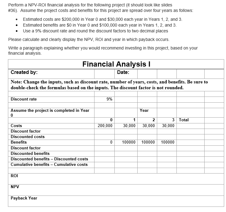 Picture of Solved Perform a NPV-ROI financial analysis for the | Chegg.com