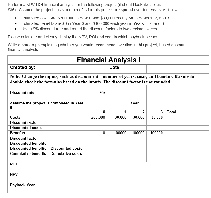 Solved Perform a NPV-ROI financial analysis for the | Chegg.com