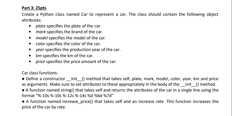 Solved Part 3: 25pts Create a Python class named Car to | Chegg.com