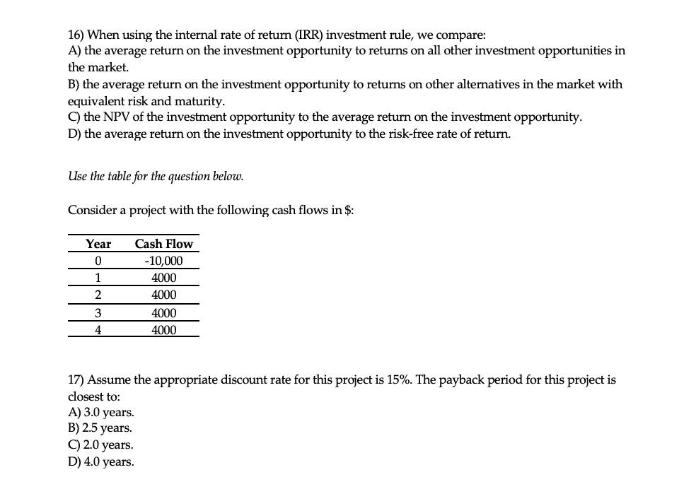 internal rate of return investment rule