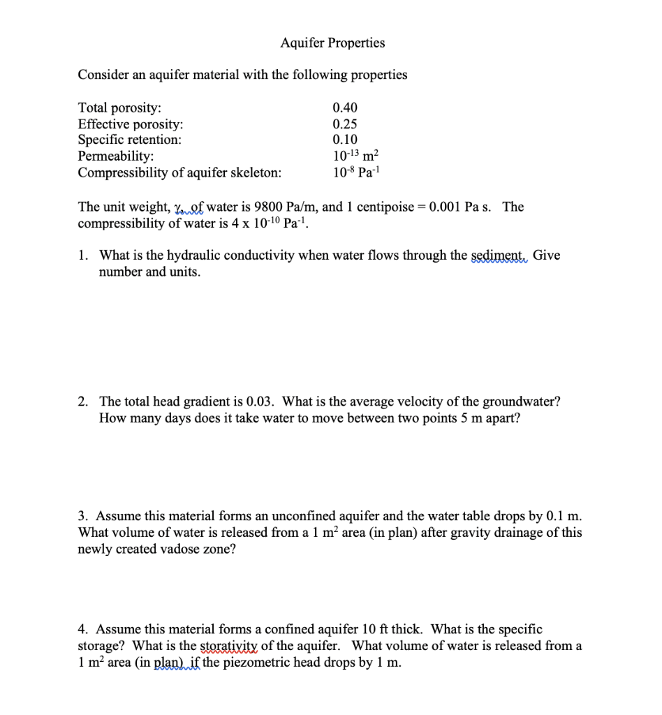Solved Aquifer Properties Consider an aquifer material with | Chegg.com