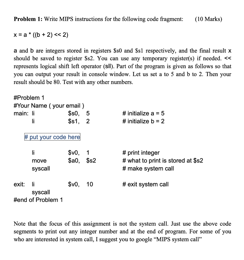 Solved Problem 1: Write MIPS Instructions For The Following | Chegg.com