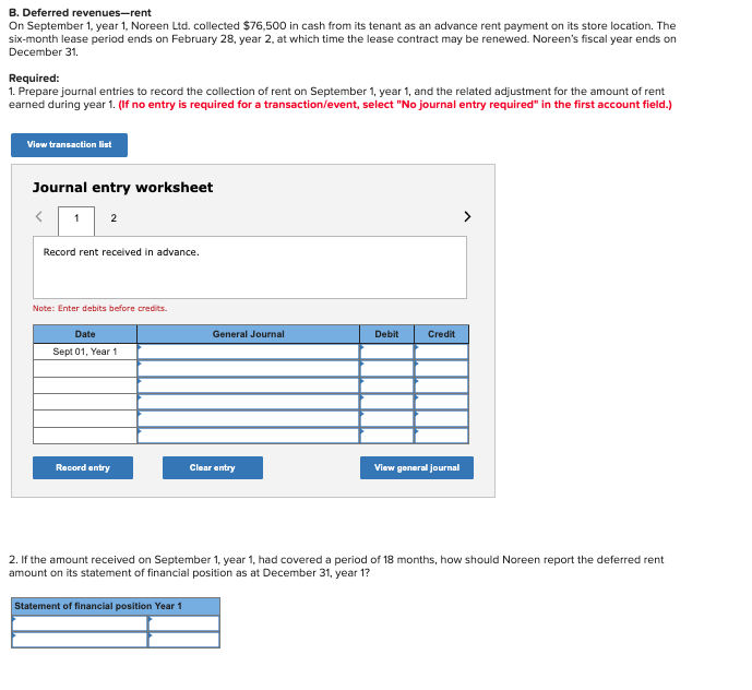 Solved B. Deferred revenues-rent On September 1, year 1, | Chegg.com