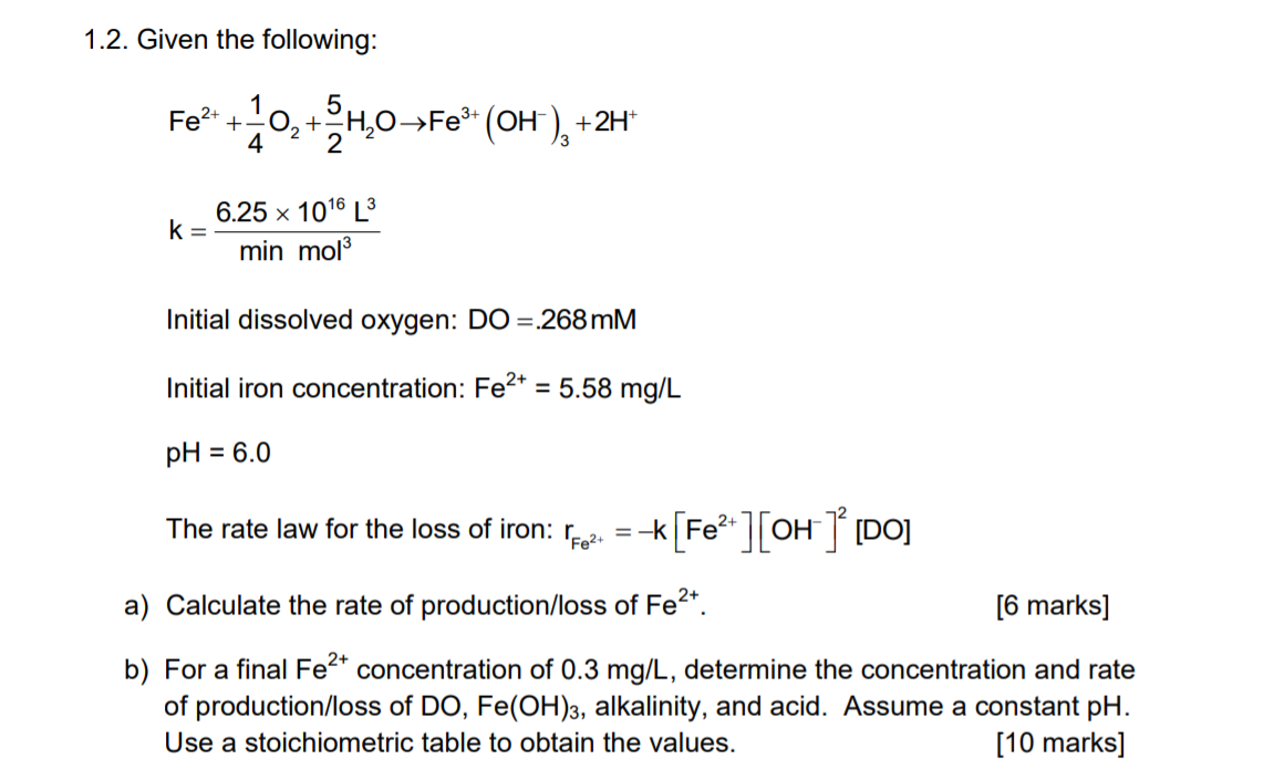 Solved 1.2. Given the following: 1 5 Fe2+ + 0,+-HOFe3+ (OH), | Chegg.com