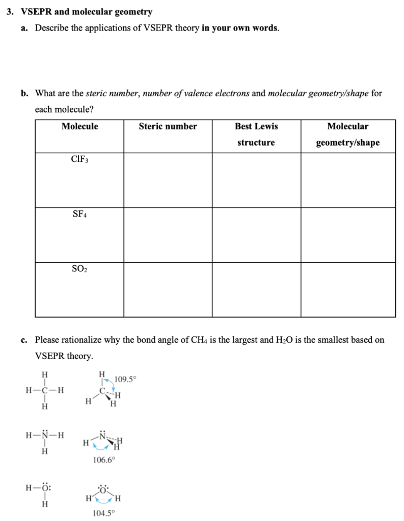 Solved 3. VSEPR and molecular geometry a. Describe the | Chegg.com
