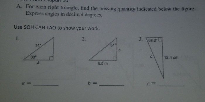 Solved A. For each right triangle, find the missing quantity | Chegg.com