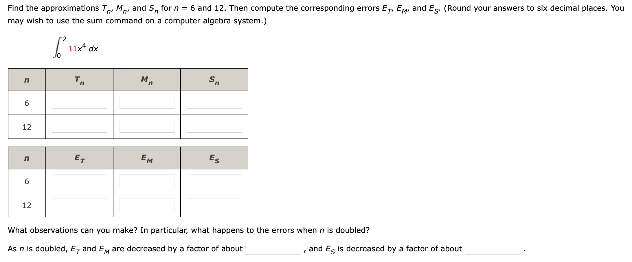 Solved Find the approximations Tn,Mn and Sn for n=6 and 12 . | Chegg.com