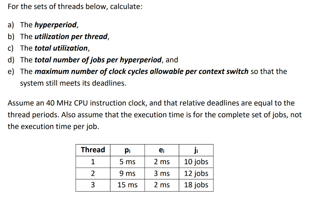 For the sets of threads below, calculate: a) The | Chegg.com