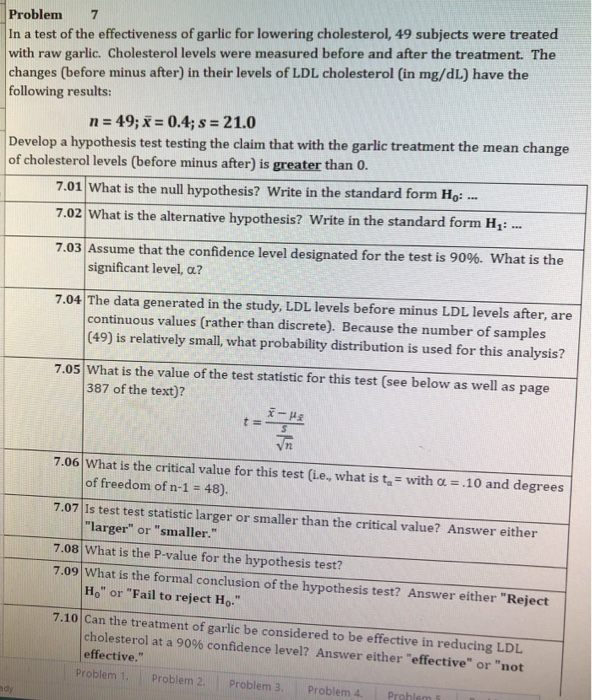 Solved Problem 7 In a test of the effectiveness of garlic
