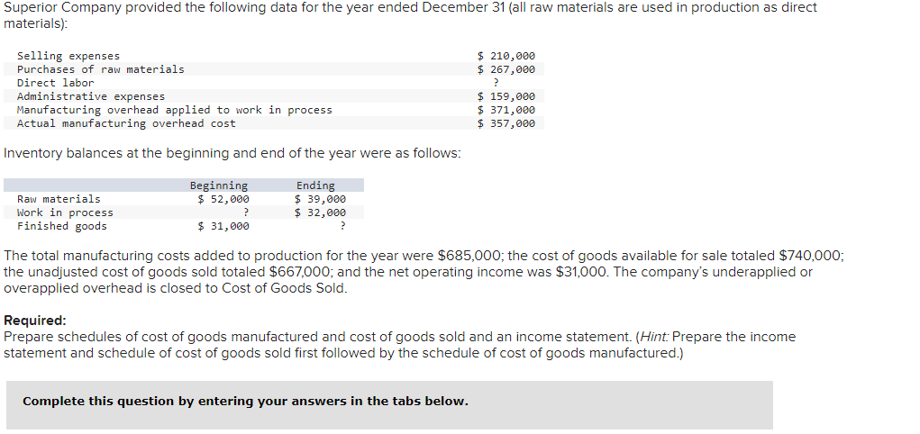 Solved Inventory Balances At The Beginning And End Of The | Chegg.com