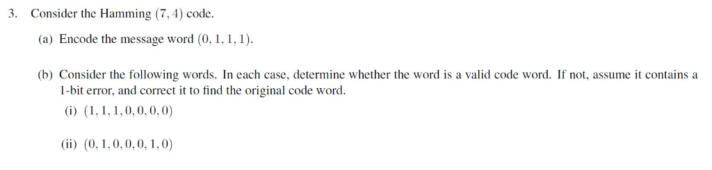 Solved 3. Consider the Hamming (7,4) code (a) Encode the | Chegg.com