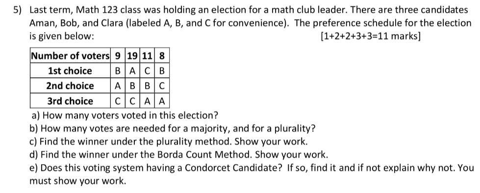 Solved 5) Last term, Math 123 class was holding an election | Chegg.com