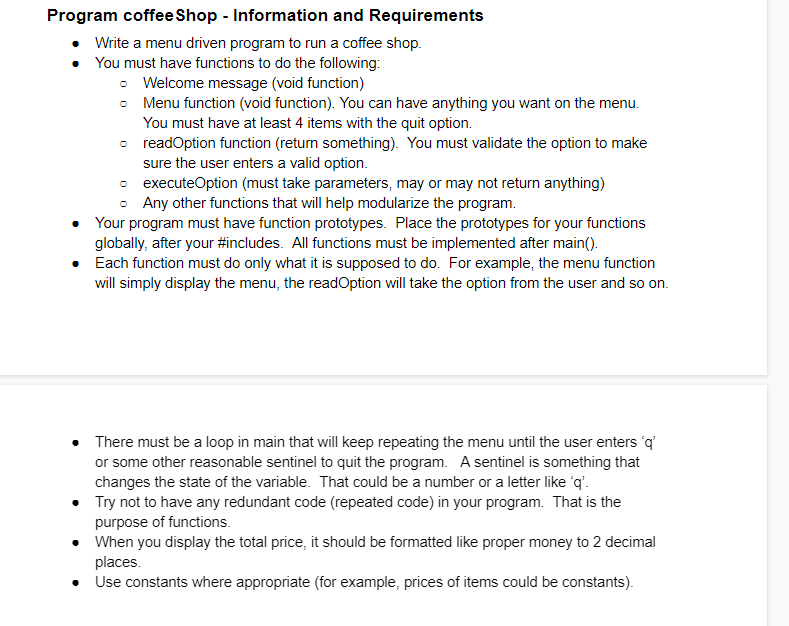 Solved Program coffee Shop - Information and Requirements | Chegg.com