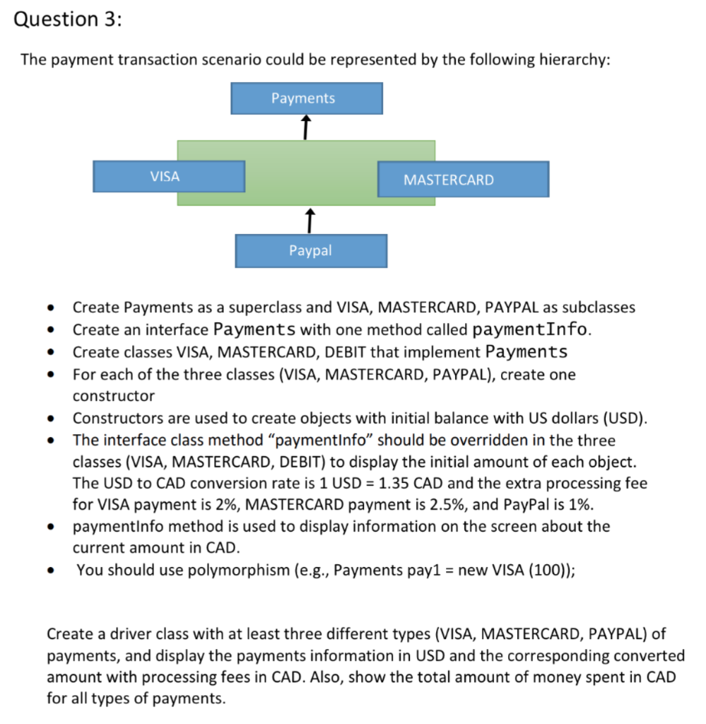 Question 3: The payment transaction scenario could be represented by the following hierarchy: Payments VISA MASTERCARD Paypal