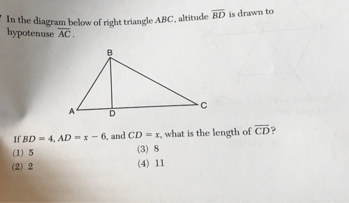 Solved n the diagram below of right triangle ABC, altitude | Chegg.com