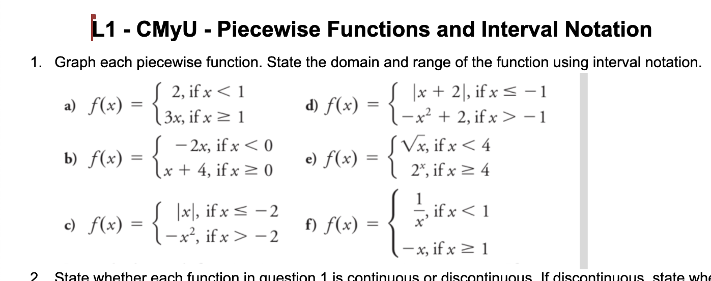 Solved L1 - CMyU - Piecewise Functions And Interval Notation | Chegg.com