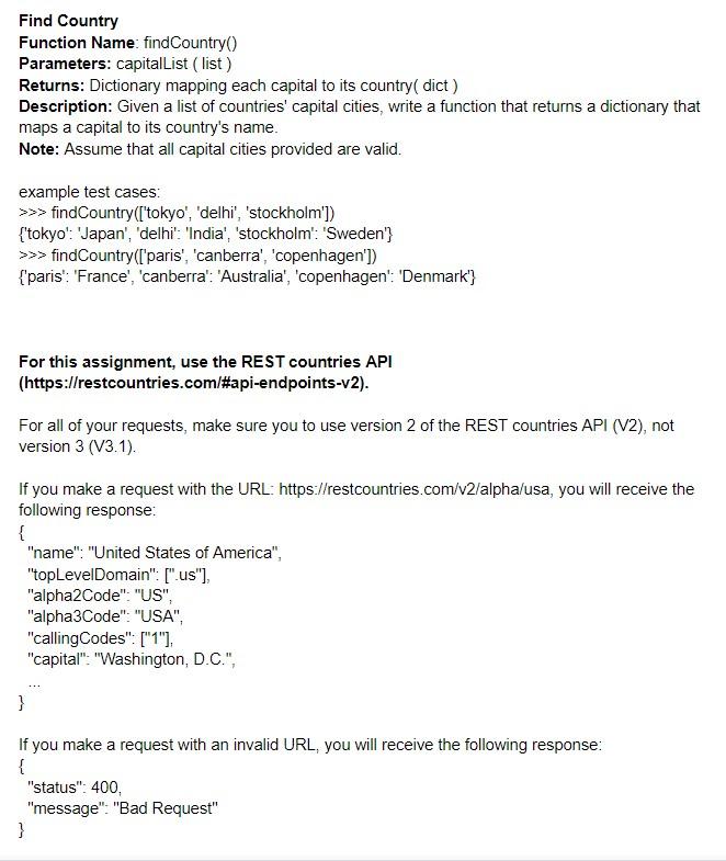 Solved Find Country Function Name: findCountry Parameters: | Chegg.com