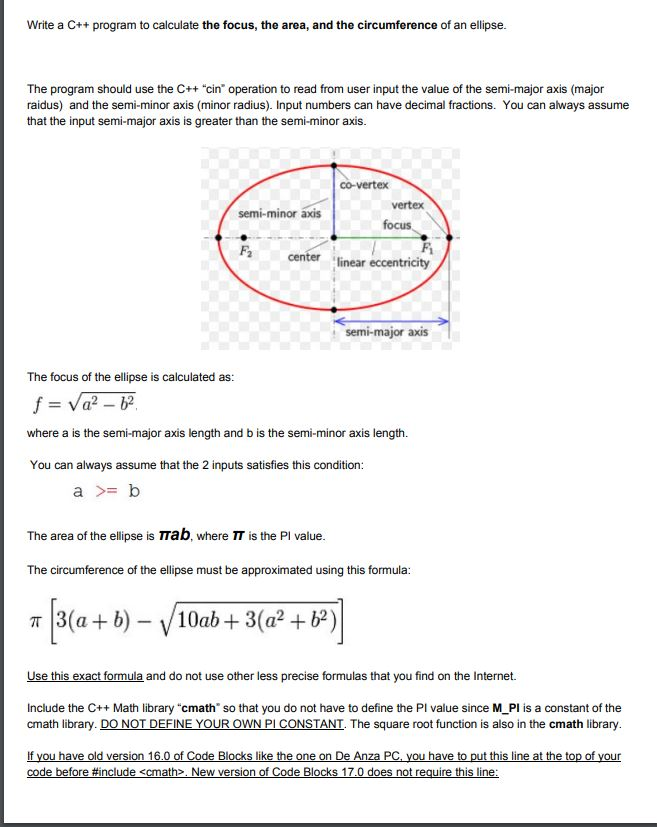 Solved Write C Program Calculate Focus Area Circumference