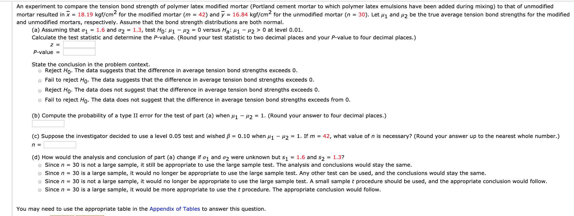 Solved An Experiment To Compare The Tension Bond Strength Chegg Com