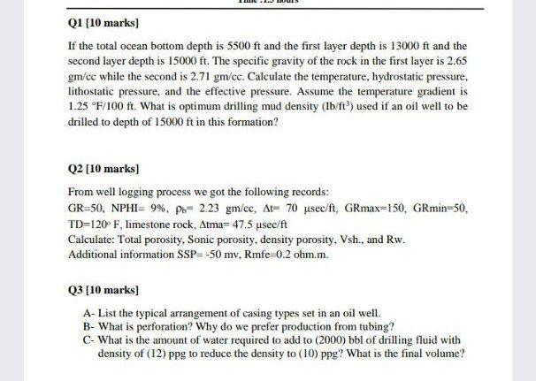 Solved Q1 [10 marks) If the total ocean bottom depth is 5500 | Chegg.com