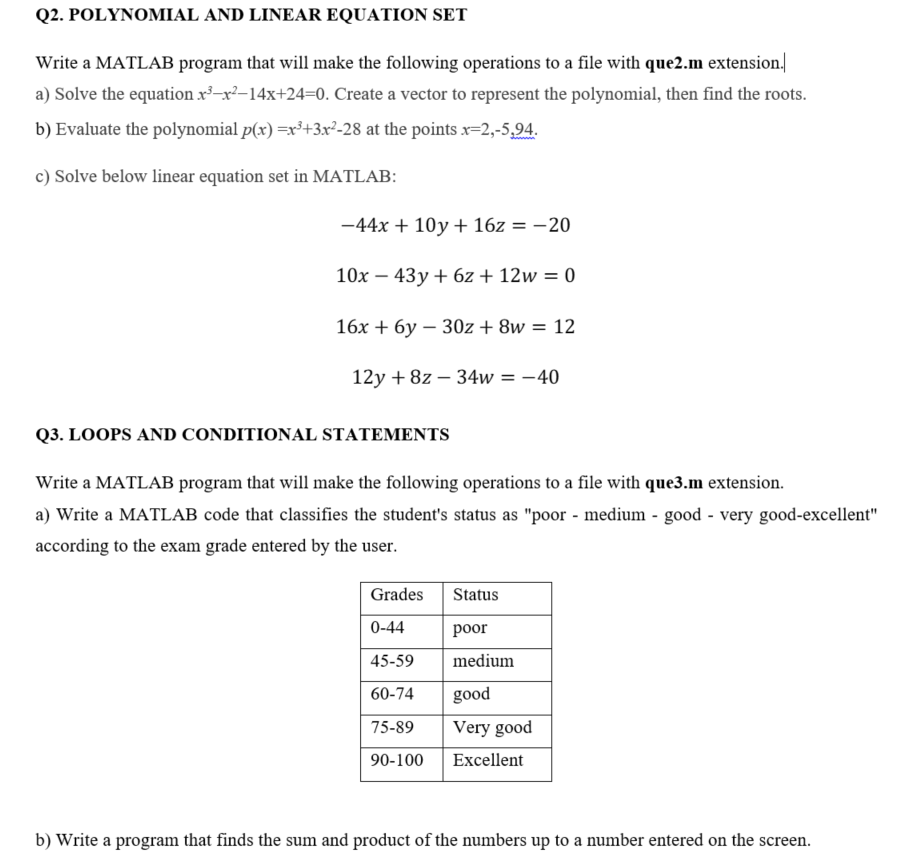 Solved Q2. POLYNOMIAL AND LINEAR EQUATION SET Write a MATLAB | Chegg.com