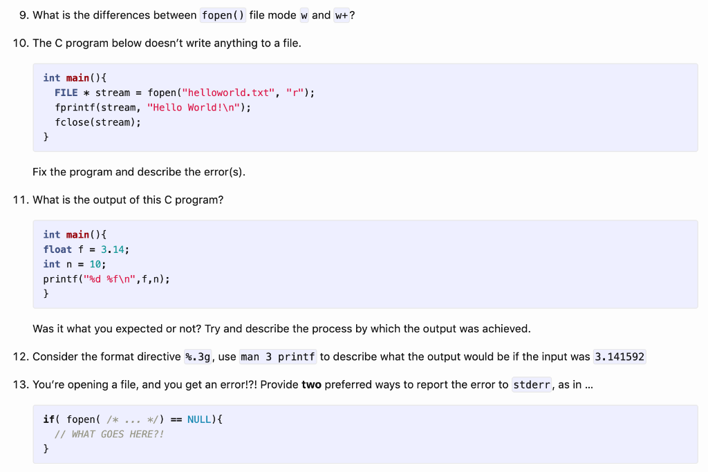 Solved 9. What is the differences between fopen() file mode | Chegg.com