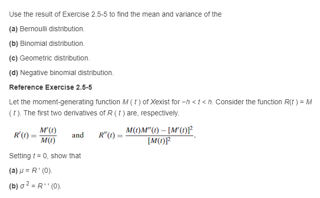 Solved Use the result of Exercise 2.5-5 to find the mean and | Chegg.com