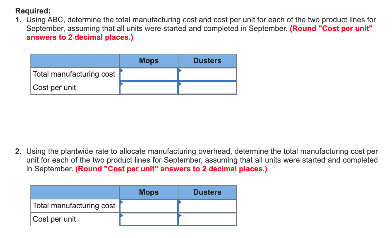 Required: 1. using abc, determine the total manufacturing cost and cost per unit for each of the two product lines for septem