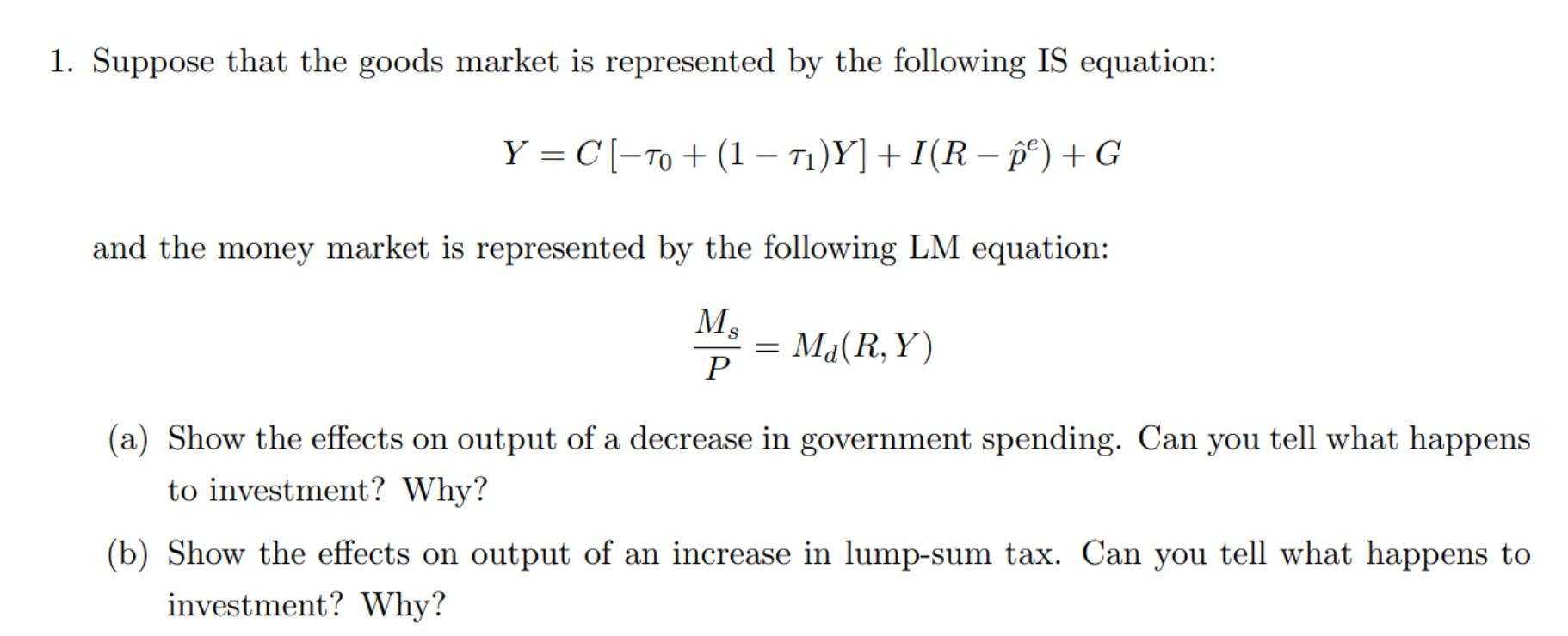 Solved 1. Suppose That The Goods Market Is Represented By | Chegg.com