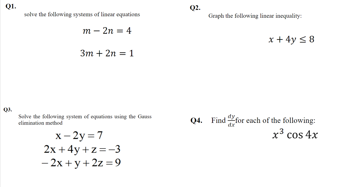 Solved Q1. Q2. solve the following systems of linear | Chegg.com