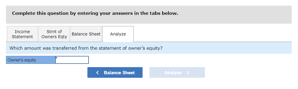 Complete this question by entering your answers in the tabs below.
Which amount was transferred from the statement of owners