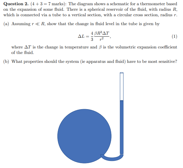 Question 2. ( \( 4+3=7 \) marks): The diagram shows a schematic for a thermometer based on the expansion of some fluid. There