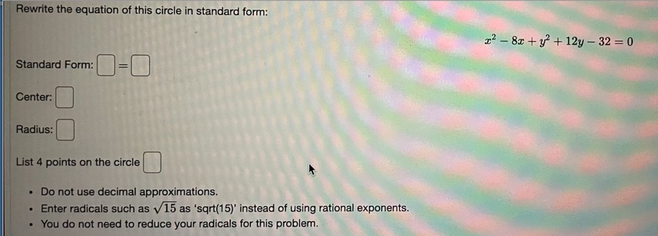 Solved Rewrite the equation of this circle in standard form: | Chegg.com