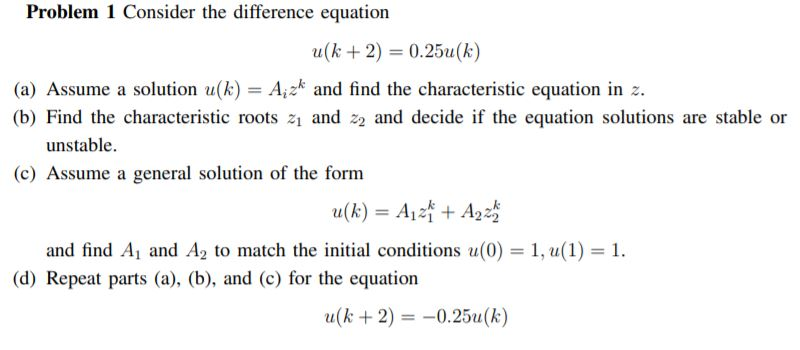 Solved Problem 1 Consider the difference equation u(k + 2) = | Chegg.com