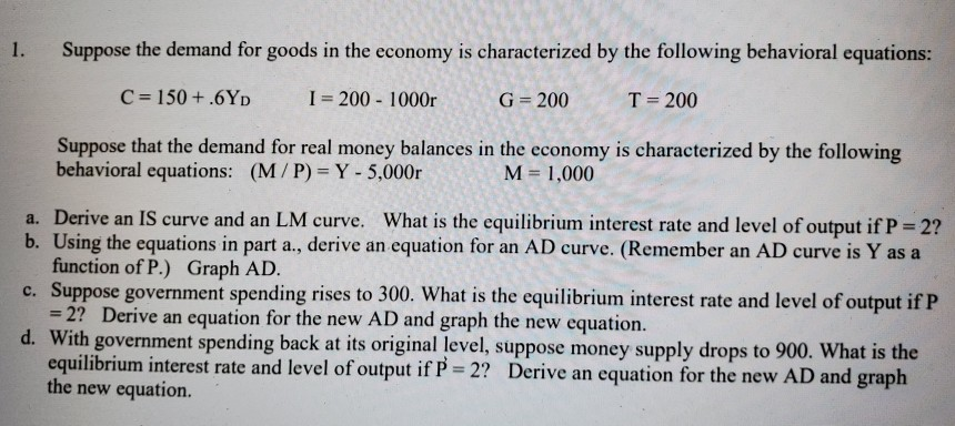 Solved 1. Suppose The Demand For Goods In The Economy Is | Chegg.com