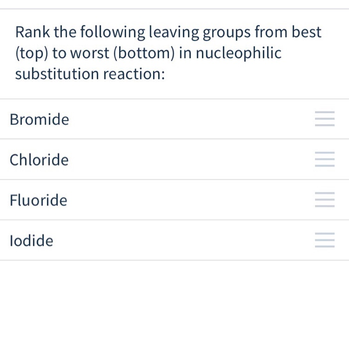 Solved Rank the following leaving groups from best (top) to | Chegg.com