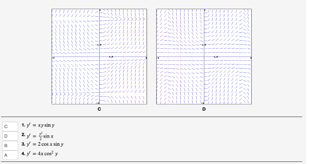 \( y^{\prime}=x y \sin y \) \( y^{\prime}=\frac{y^{2}}{2} \sin x \) \( y^{\prime}=2 \cos x \sin y \) \( y^{\prime}=4 x \cos ^