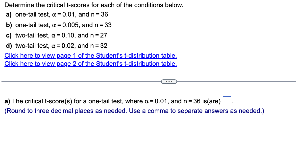 Solved Determine the critical t-scores for each of the | Chegg.com