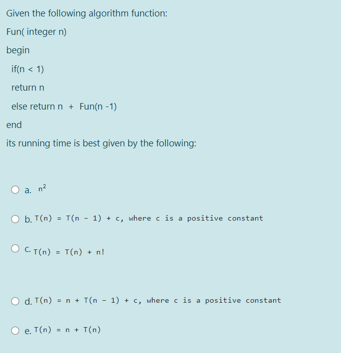Solved Given the following algorithm function: Fun( integer | Chegg.com