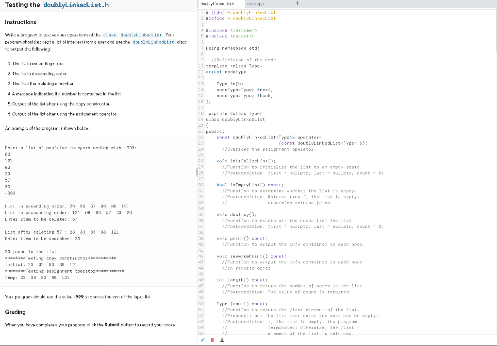 Solved Testing the doublyLinkedList.h Instructions Write a | Chegg.com